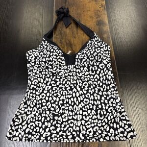 Lands' End Tankini Halter Tie Swim Top in Black White Cheetah Print Size‎ 12